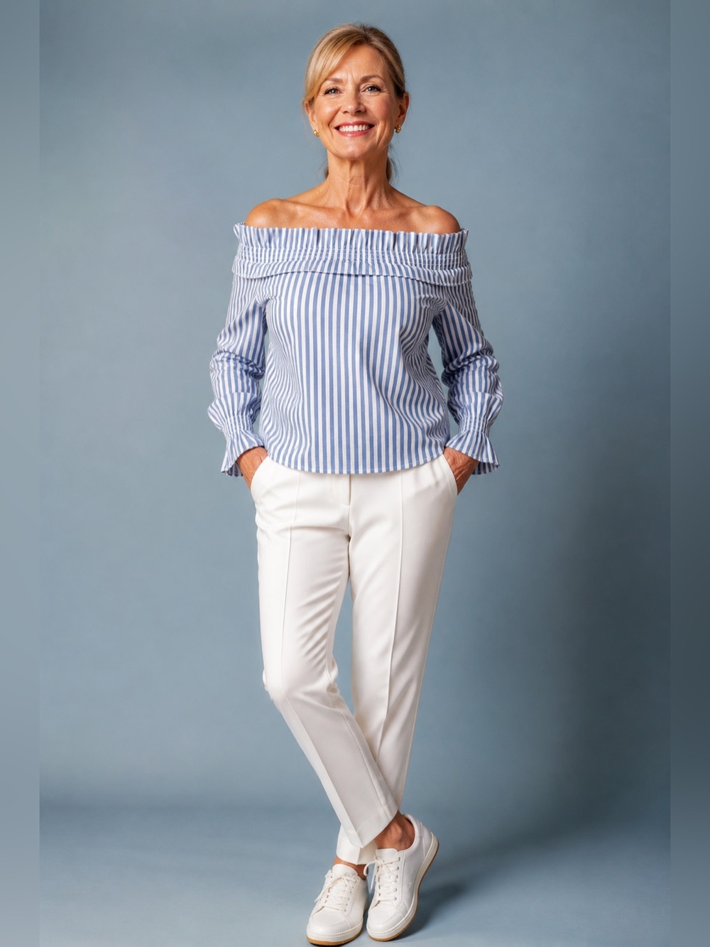 Boohoo Blue and White Striped Off-Shoulder Top